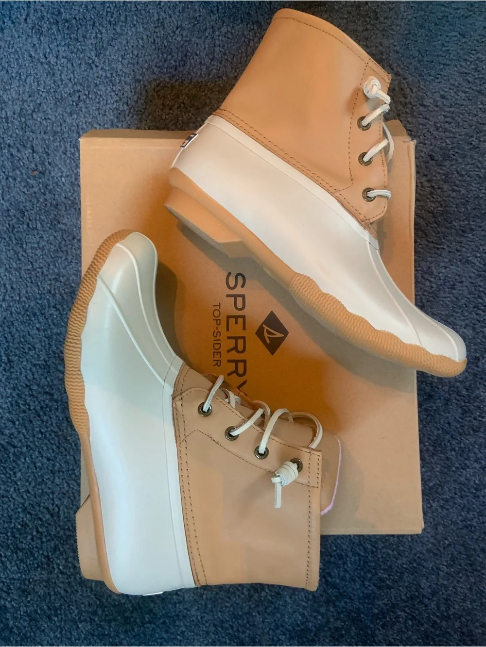 Sperry Two-Tone Tan and White Lace-Up Rain Boots